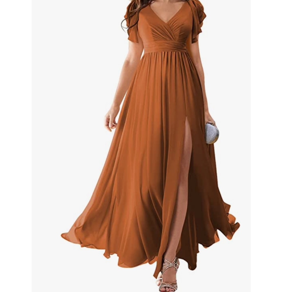Flowy Chiffon Burnt Orange Formal Evening Dress for Women A Line Side Slit